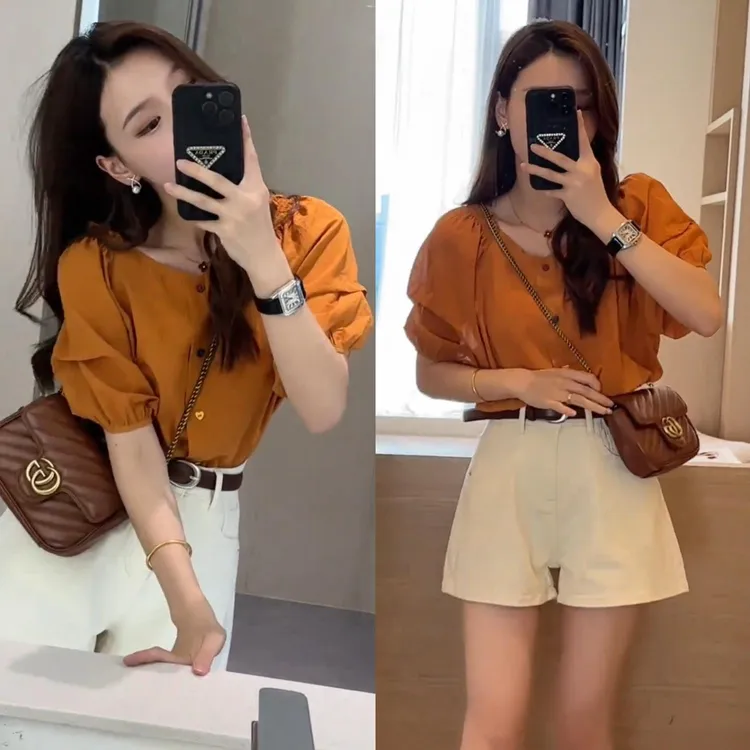 夏季韩系设计感文艺风小众气质v领泡泡袖衬衫+复古时尚高腰牛仔裤