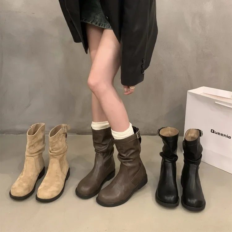 粗跟复古中筒靴骑士靴女鞋2025新款秋冬季外穿堆堆小短靴马丁靴子