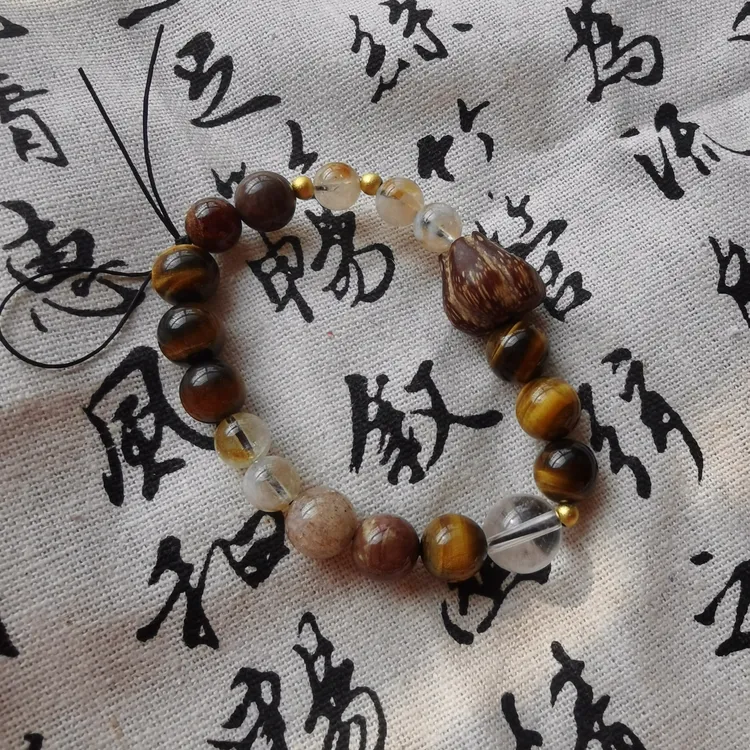 天然土元素虎眼石金发晶滴血莲花手串新中式