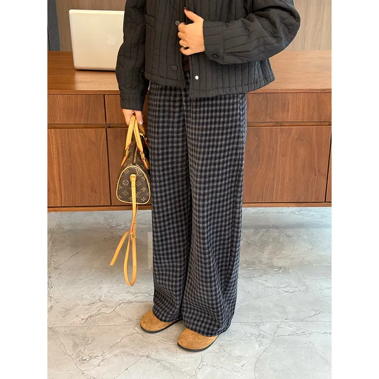 WenWen小个子2025秋冬韩版格纹加厚保暖休闲宽松休闲直筒长裤4541