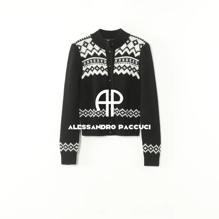 AP洛哥61008SK【费尔岛雪夜/羊毛羊绒】黑白提花修身针织开衫