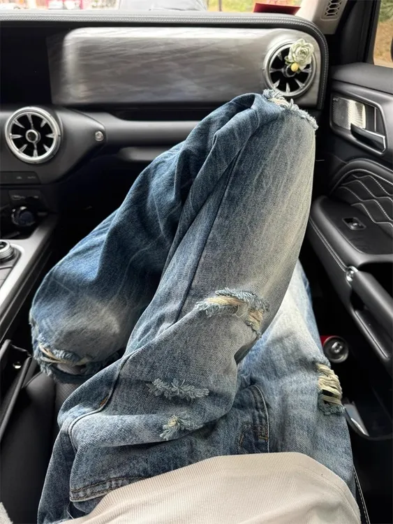 蓝色cleanfit闪电纹破洞牛仔裤男美式高街vibe裤子修身直筒微喇裤