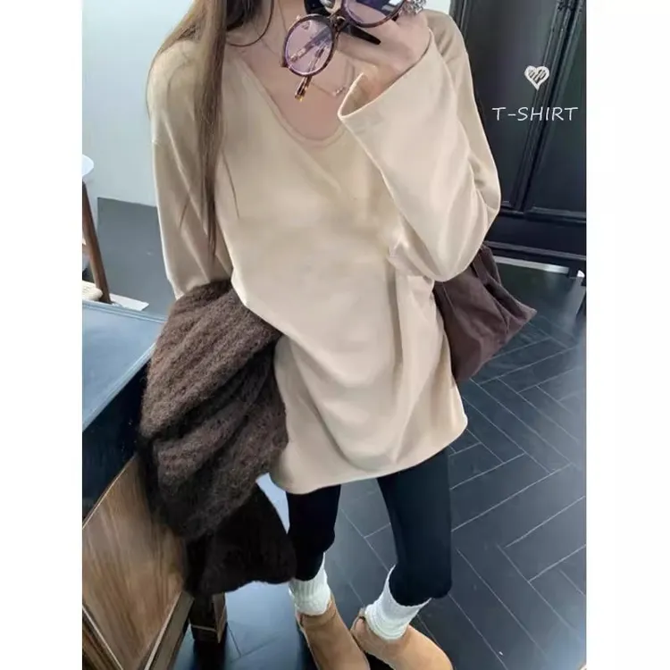 2025秋冬新款U领德绒磨毛长袖打底衫女欧货露锁骨纯欲内搭t恤上衣