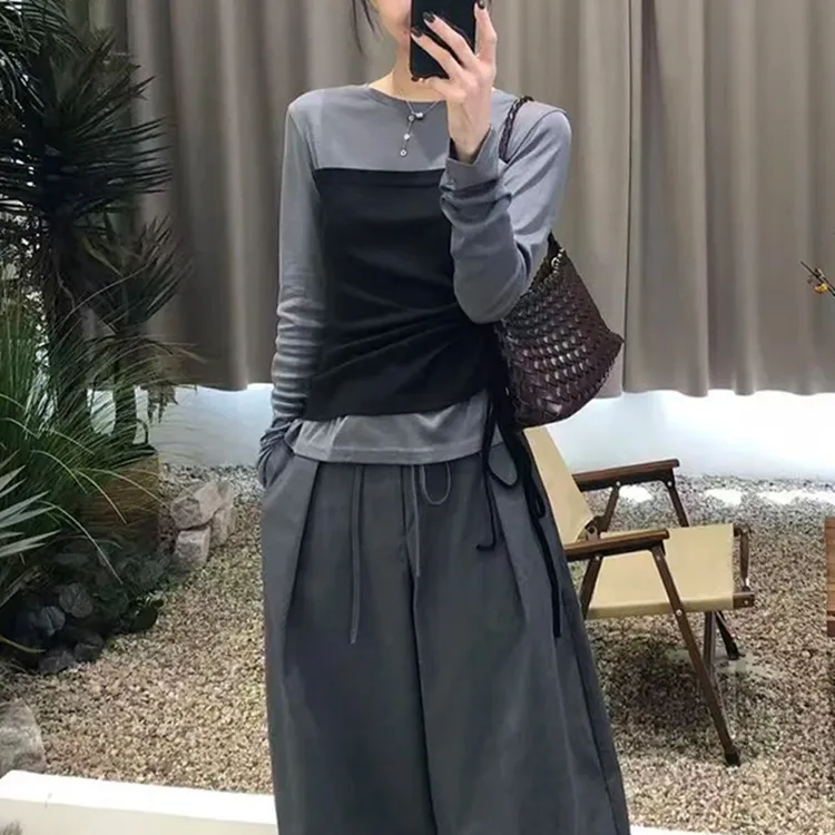 2025早秋新款设计感长袖T恤女气质减龄内搭假两件休闲氛围感上衣