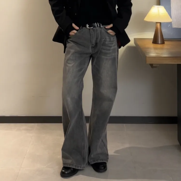 AGONG原创CK220cleanfit高级黑灰微喇牛仔裤水洗做旧高街裤潮流