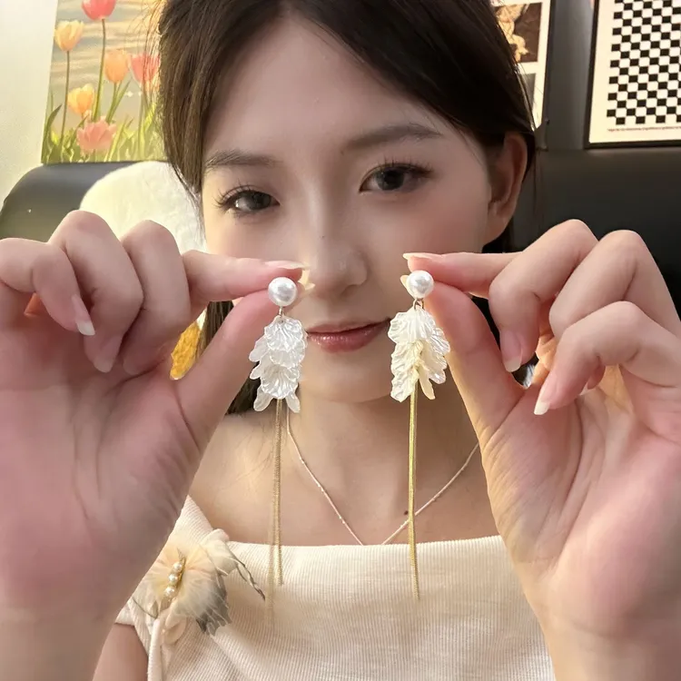 铜合金耳饰 「白棠花开」超温柔珍珠流苏耳饰简约百搭显脸小耳钉