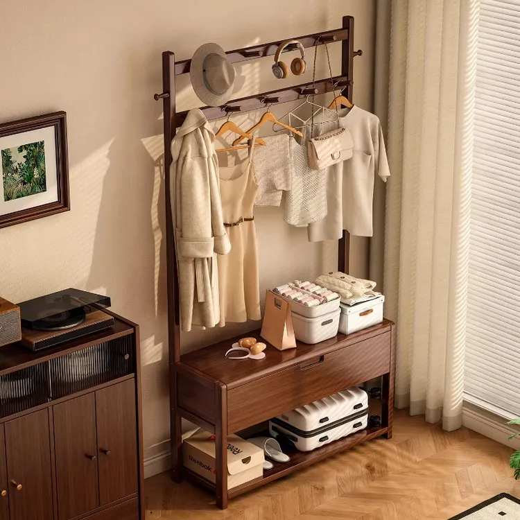 挂衣架家用卧室落地衣帽架入户换鞋凳一体多功能实木衣服置物架子