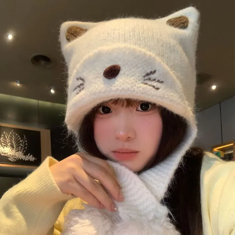 红色毛球猫耳朵针织护耳帽女秋冬可爱显脸小毛线帽大头围保暖帽子