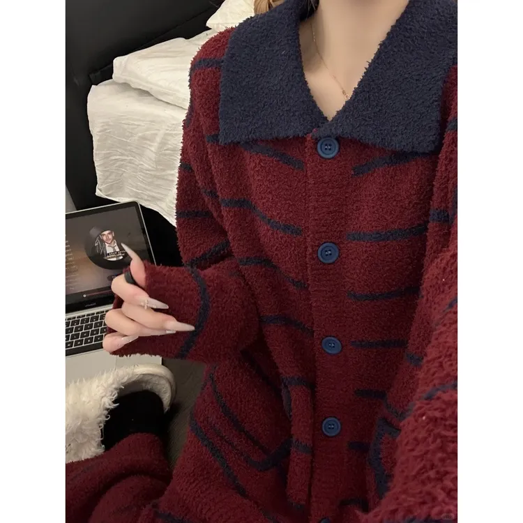 红条纹撞色针织半边绒冬季新款睡衣女韩版复古加绒加厚家居服套装