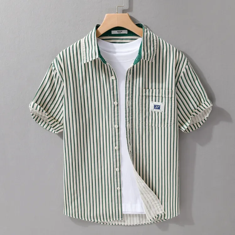 条纹短袖衬衫男士夏季2025新款半袖衬衣服青少年宽松休闲寸衫外套