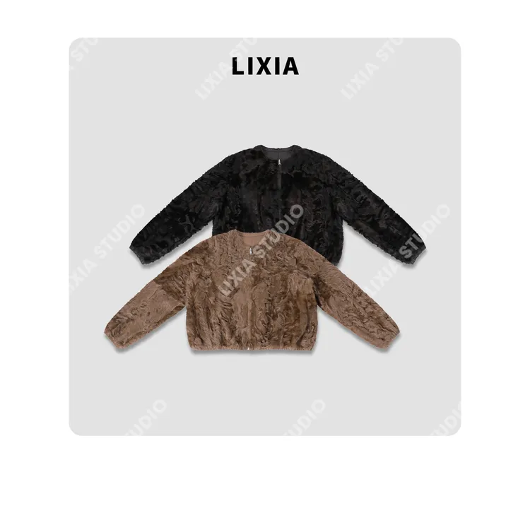 LIXIA【法风舞曲】复古大牌高级轻奢设计拉链款羊皮毛一体-D9616