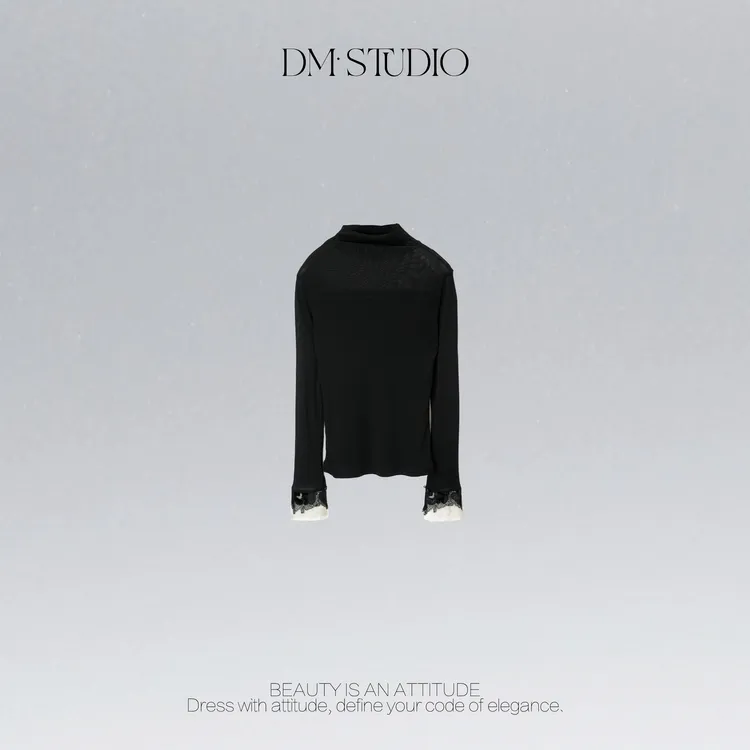 DEDM•STUDIO/精致减龄显瘦半高领蕾丝喇叭袖打底上衣2509TX/72075