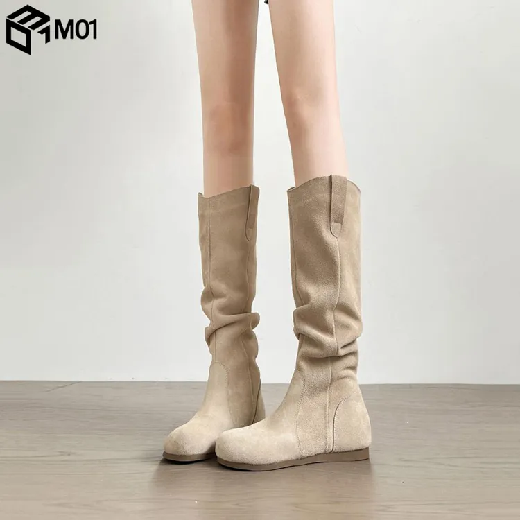 M01堆堆长筒靴2025春秋新款休闲百搭圆头褶皱勃肯长靴平底高筒靴