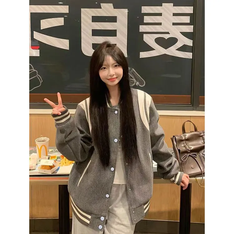 美式学院风撞色vibe风灰色棒球服外套女春秋季宽松百搭夹克上衣潮