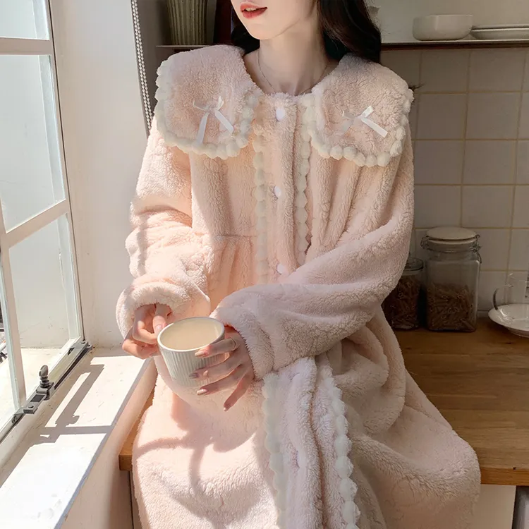 秋冬法兰绒加绒加厚可外穿开衫睡裙家居服甜美公主风珊瑚绒睡袍女