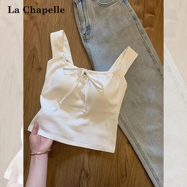 拉夏贝尔白色纯欲感系带无袖背心女夏季带胸垫外穿小吊带短款上衣