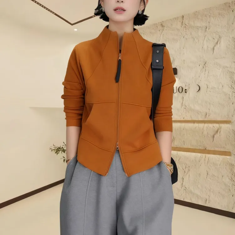 秋日新款秋季时尚双拉链立领弧形上衣双腰线百搭短外套女