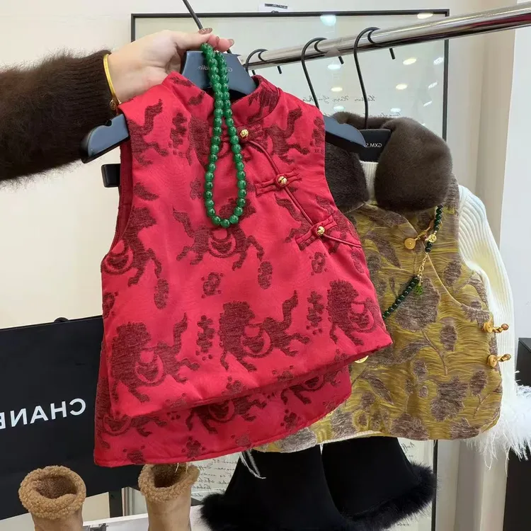 X.M娃娃拜年服！女童“马上有钱”国风提花坎肩套装裙