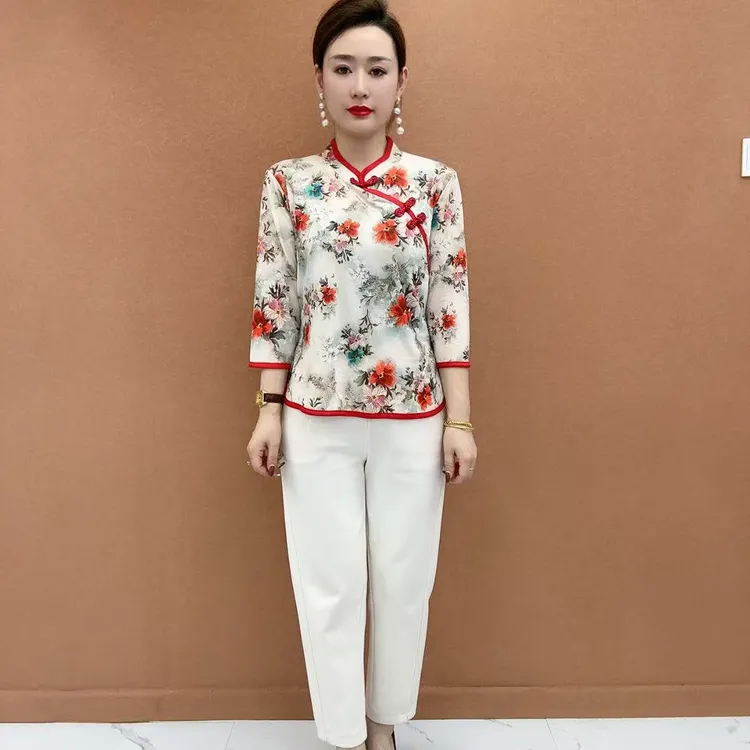 新中式旗袍领国风上衣女装定制印花洋气减龄