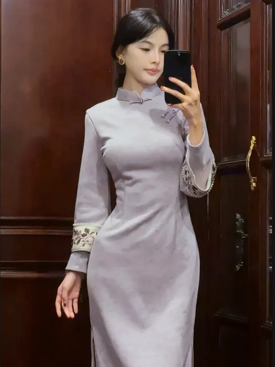 球球夫人丨海棠）120cm冬季加绒单层长袖紫色显瘦复古气质旗袍