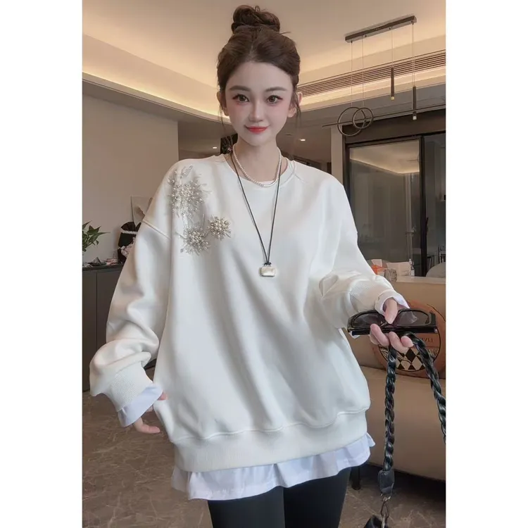 重工钉珠卫衣女秋冬2025新款韩版ins风设计感圆领宽松假两件卫衣