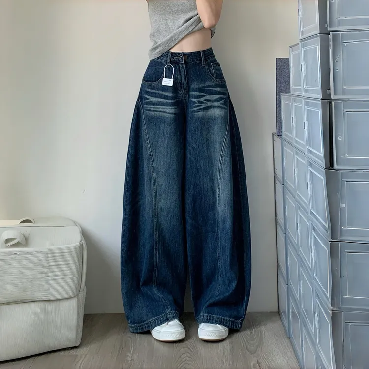 美式阔腿牛仔裤女秋季新款立体裁剪直筒弯刀裤高腰显瘦拖地长裤子