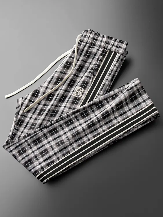 男士夏季轻奢时尚潮流格子运动裤撞色织带男修身小直筒卫裤休闲裤