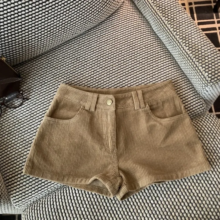 美式复古灯芯绒短裤女秋冬高腰显瘦a字靴裤宽松卡其色休闲热裤子