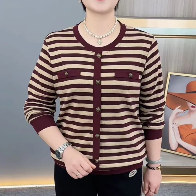 秋季新款时尚圆领条纹气质妈妈装宽松显瘦百搭休闲长袖上衣H1058