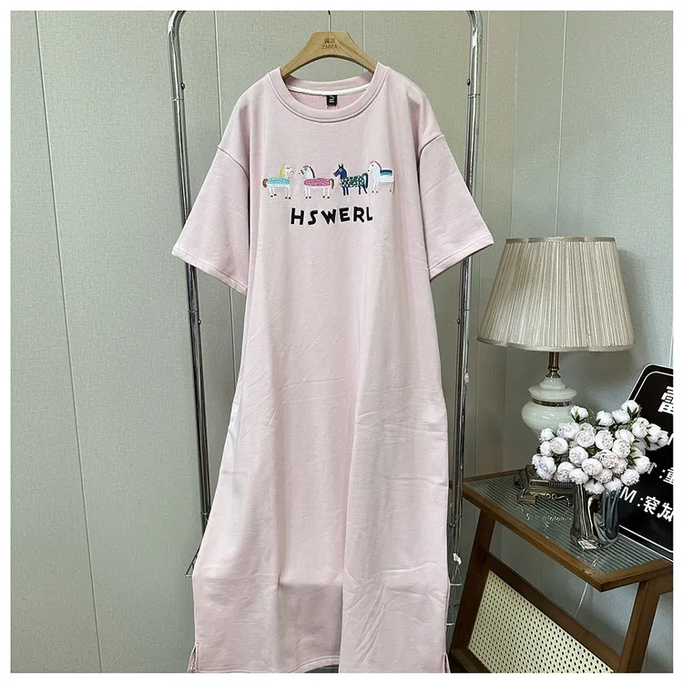 2Q009 夏季新款宽松中长款刺绣圆领短袖连衣裙女
