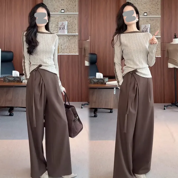 美式复古潮流套装女2025年春秋新款一字肩针织衫长袖阔腿裤两件套