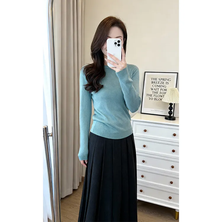 2025秋季新款女韩系穿搭修身圆领长袖毛衣上衣气质高腰百褶半身裙