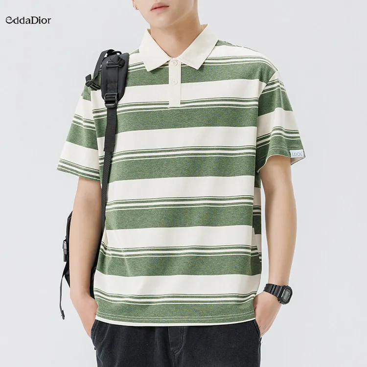 EDDADIOR条纹polo衫夏季新款宽松男士翻领T恤日系撞色短袖上衣