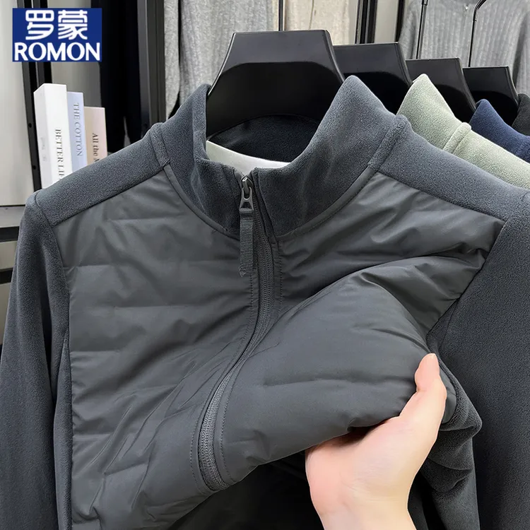 罗蒙冬季90鸭绒立领羽绒服男士户外防寒保暖抓绒夹克轻便拼色外套
