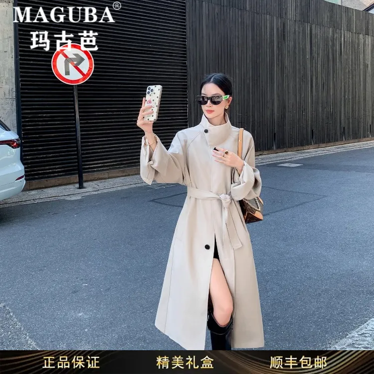 玛古芭女装韩版杏色立领系带收腰长款风衣女秋季爆款修身显瘦外套