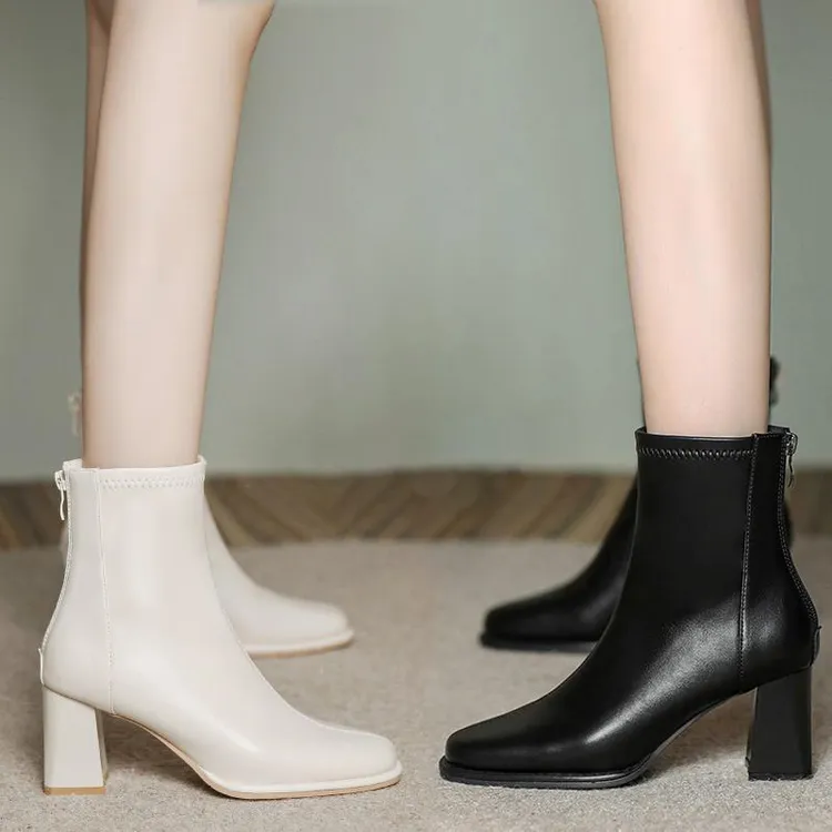 PinkAvril黑色切尔西粗跟中跟高跟短靴女2025秋冬新款感软皮加绒