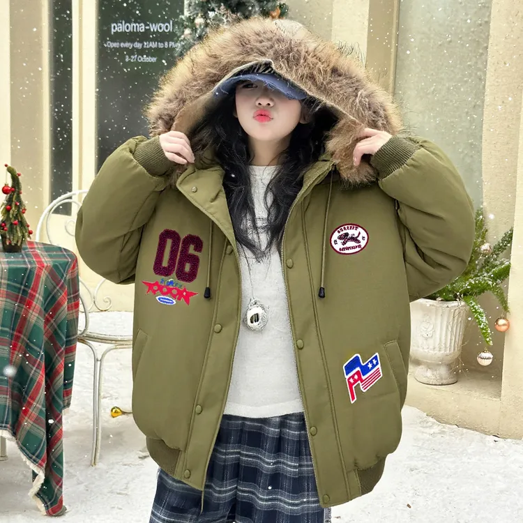 【明星同款】女童可拆卸毛领刺绣派克棉衣冬款美式复古连帽派克棉服