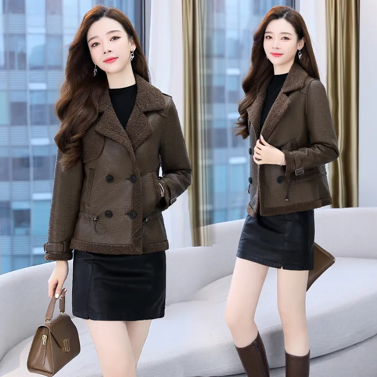 拉链长袖加绒加厚短外套气质西装领春季网红女冬季春秋显瘦气质