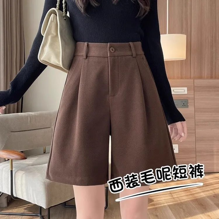 毛呢短裤女秋冬外穿宽松显瘦a字直筒西装阔腿裤加厚休闲打底靴裤