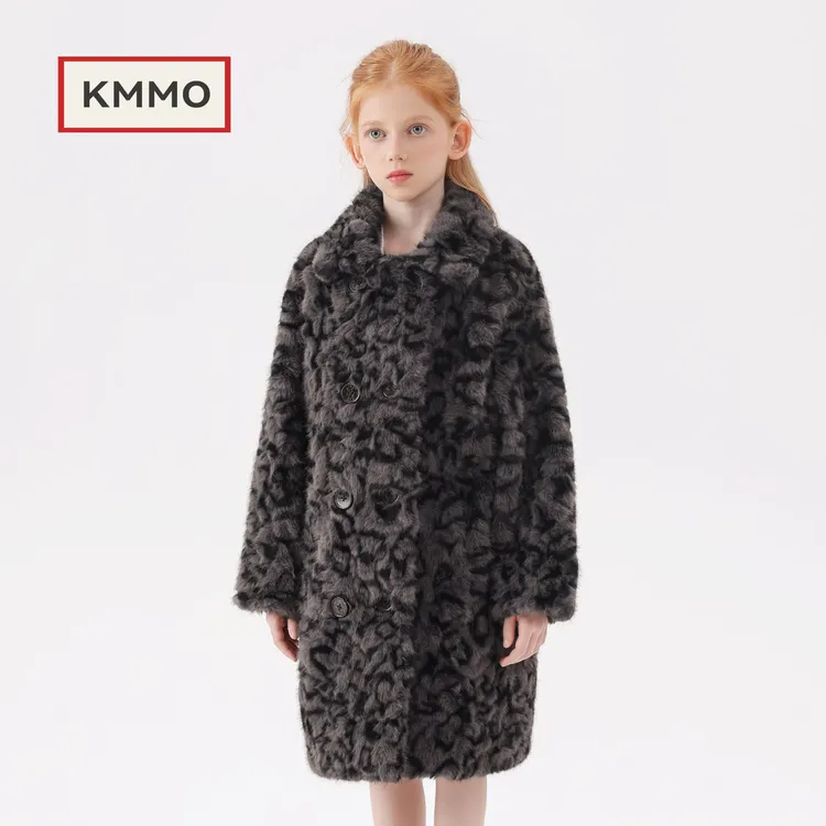 KMMO女童大衣中长款2025冬新款儿童仿水貂绒外套加厚加绒环保皮草