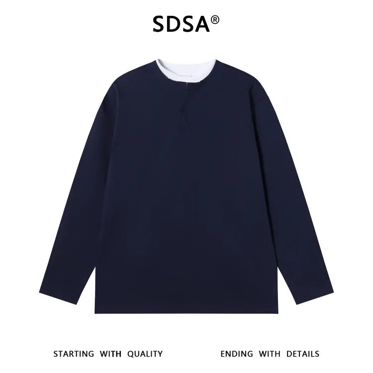 SDSA男士秋冬新款痞帅男装韩版撞色假两件长袖T恤半纽扣设计宽松