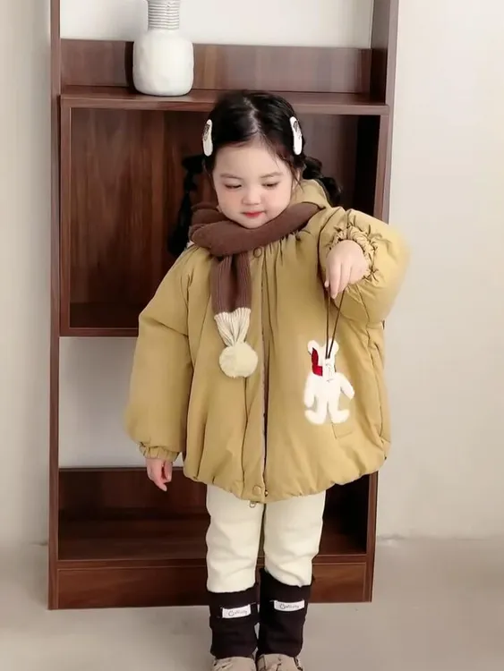 帽子花黄色棉服可爱加绒加厚连帽棉衣韩版宝宝防风大衣 2025新款