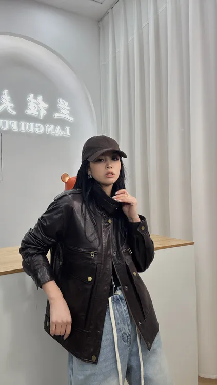 23408新款春季美拉德油蜡皮真皮皮衣女绵羊皮外套女工装高级