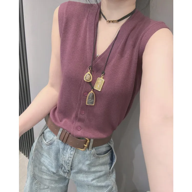 夏天新款无袖冰丝针织衫背心女独特别致百搭修身显瘦V领开衫上衣