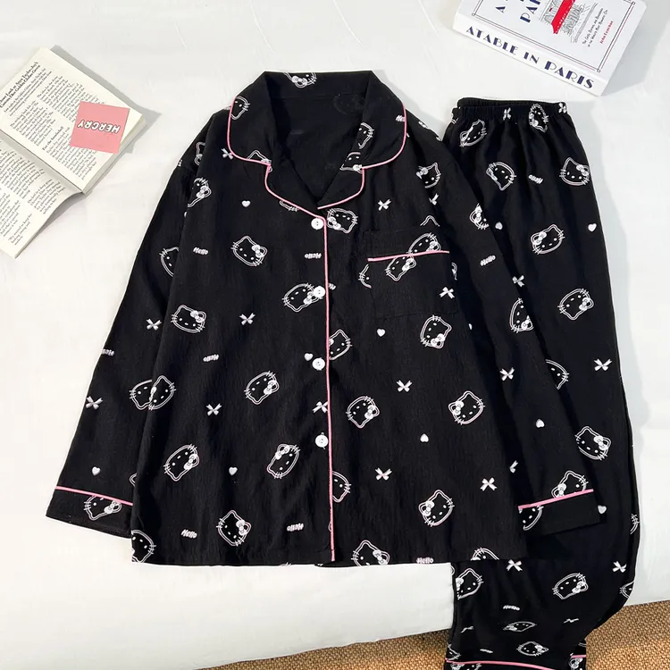 大码睡衣少女可爱长袖宽松网红ins风学生黑色卡通春秋家居服套装