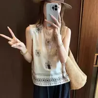 T欧版宽松显瘦无袖薄款雪纺背心女夏季款高级感重工印花小衫
