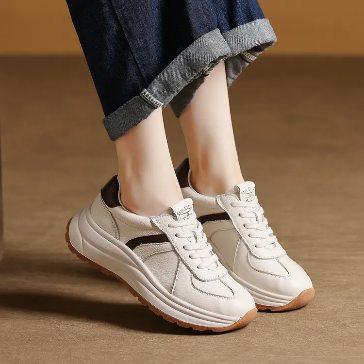 头层牛皮厚底小白鞋女软底2025新百搭阿甘鞋增高拼色运动休闲板鞋