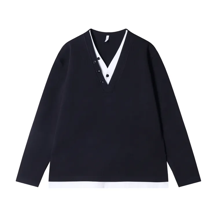 秋冬季新款时尚个性纯色假两件纽扣设计V领潮流休闲百搭上衣