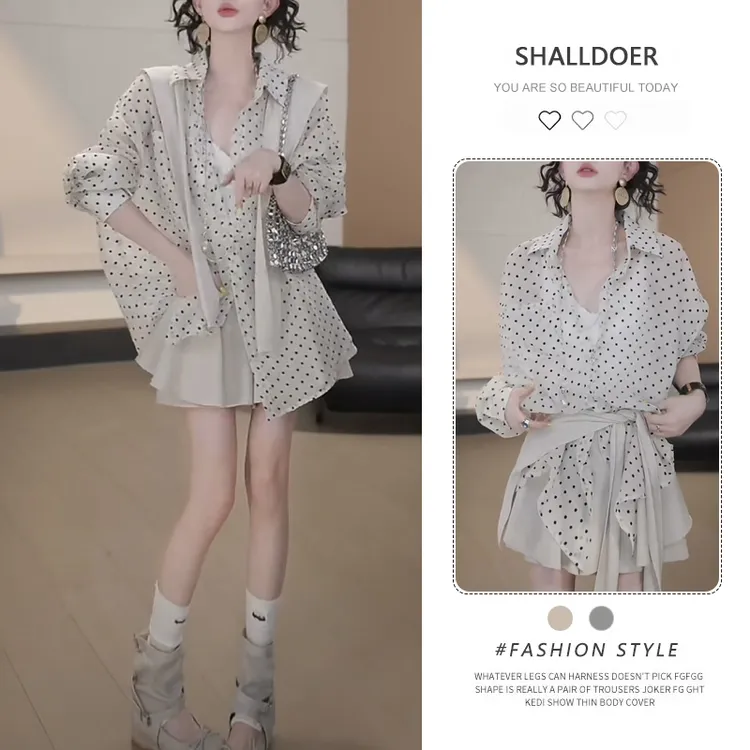 通勤开衫套装女夏新款高级感微透防晒波点衬衫休闲A字短裤两件套