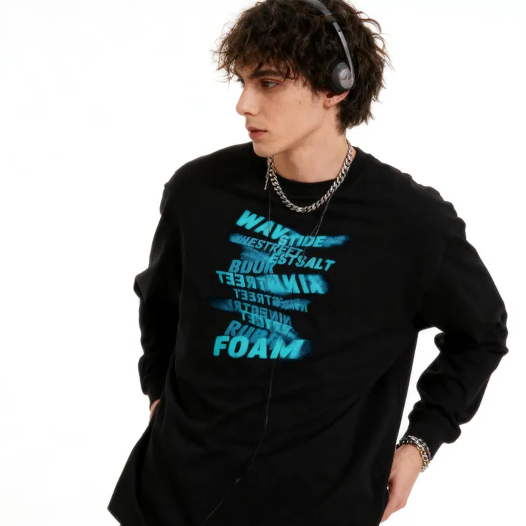 WPRA英文涂鸦印花长袖宽松学生男女情侣圆领长T小众百搭简约上衣